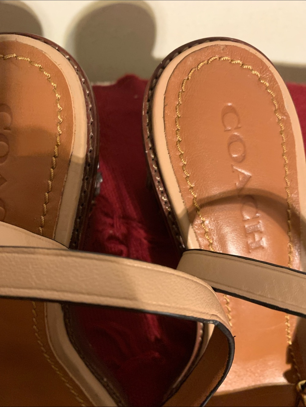 Coach Beige Leather Block Heel Sandals - Picture 2 of 11